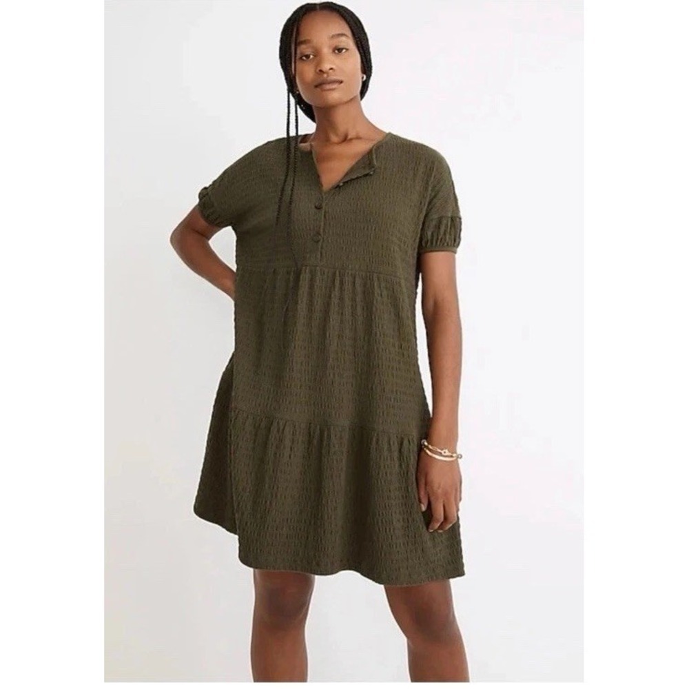 Madewell‎ Green (Re)sourced Crinkle Knit Tiered Mini Dress Size Large Babydoll